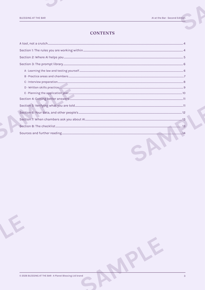 AI at the Bar second edition sample page — the contents page, with the eight sections and five prompt library groups