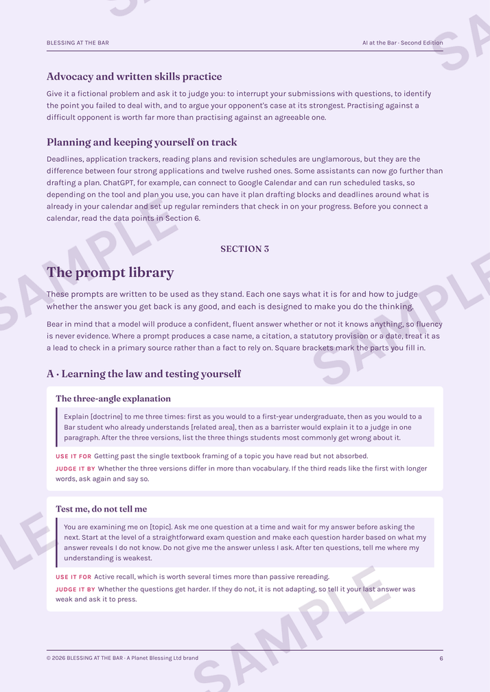 AI at the Bar second edition sample page — the opening of the prompt library, with the first two prompt cards
