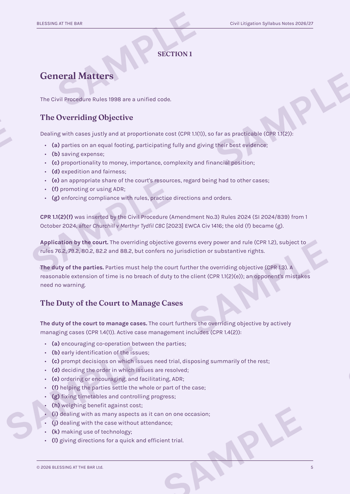 Civil Litigation Syllabus Notes 2026/27 sample page — Section 1 opener, the overriding objective