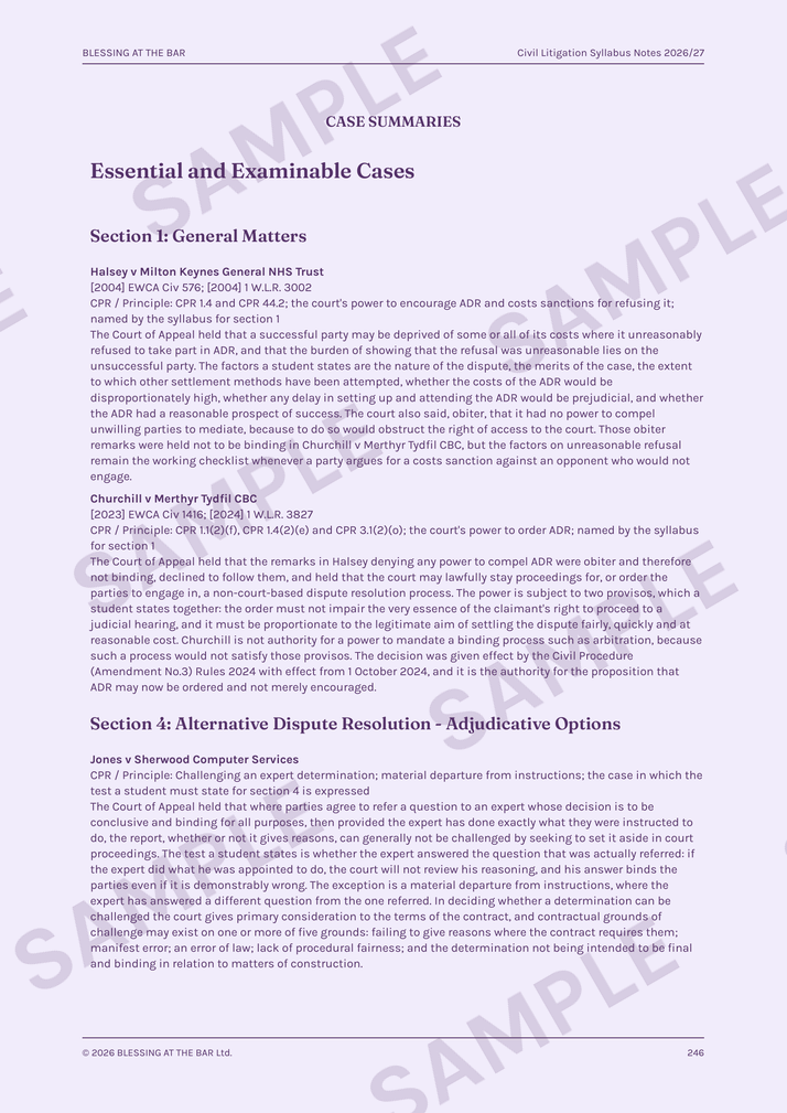 Civil Litigation Syllabus Notes 2026/27 sample page — essential case summaries