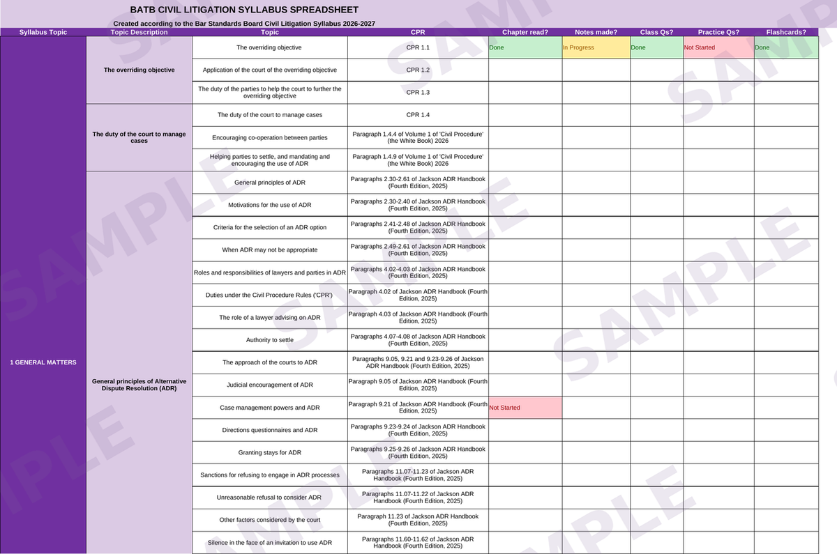 Sample page from the Civil Litigation Syllabus Spreadsheet 2026/27 — syllabus progress tracker with Done, In Progress and Not Started status columns
