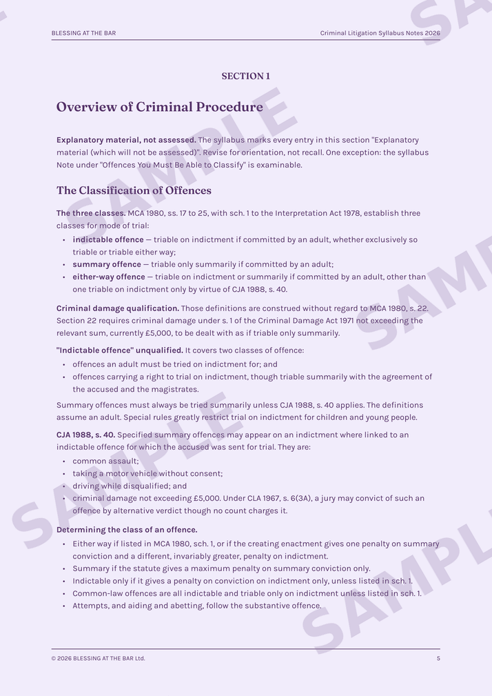 Criminal Litigation Syllabus Notes 2026 sample page — Section 1 opener, classification of offences
