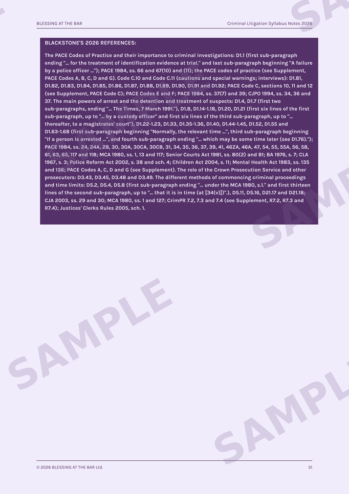Criminal Litigation Syllabus Notes 2026 sample page — Blackstone's 2026 reference block