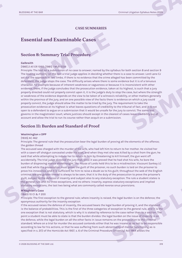 Criminal Litigation Syllabus Notes 2026 sample page — essential case summaries
