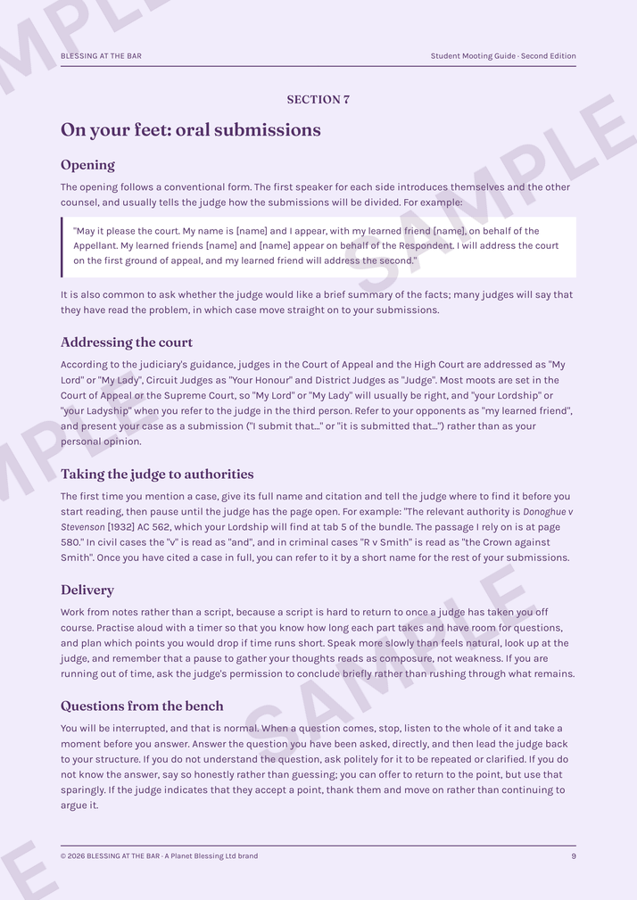 Sample page from the BLESSING AT THE BAR Student Mooting Guide, Section 7: On your feet, oral submissions