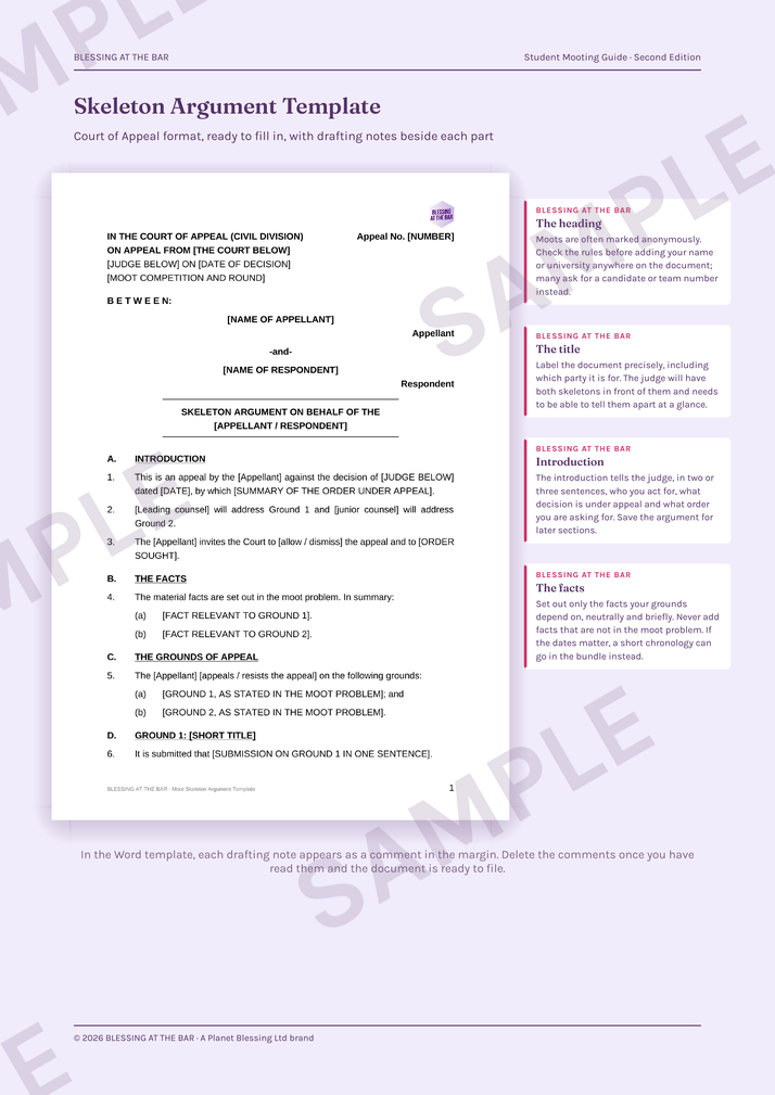 Sample from the BLESSING AT THE BAR Skeleton Argument Template in Court of Appeal format, with drafting notes beside each part