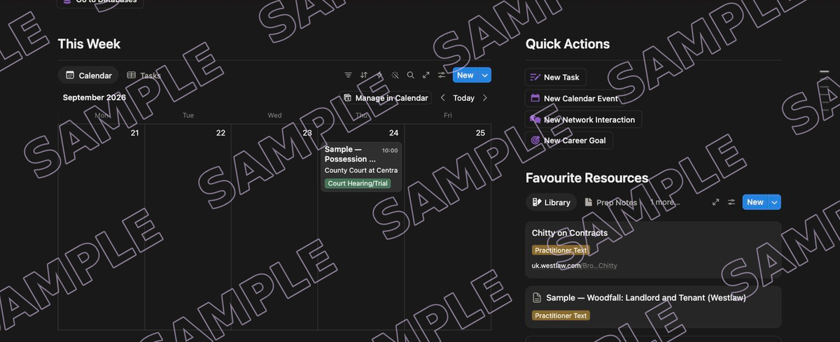 Legal OS sample: the Homepage dashboard with this week's calendar and quick actions