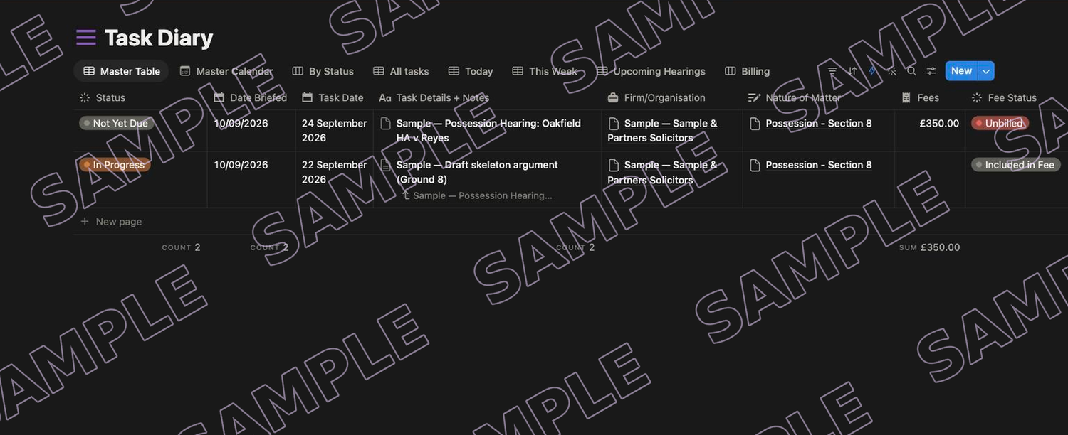 Legal OS sample: the Task Diary with fees, status and instructing firm