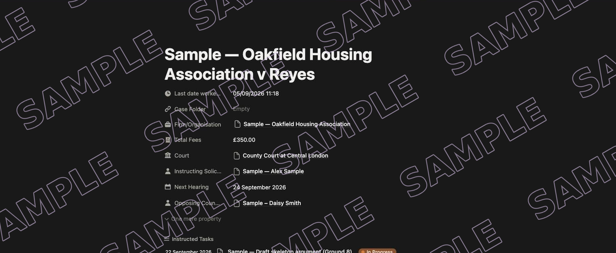 Legal OS sample: a case page with solicitor, court, next hearing and fees worked out from its tasks
