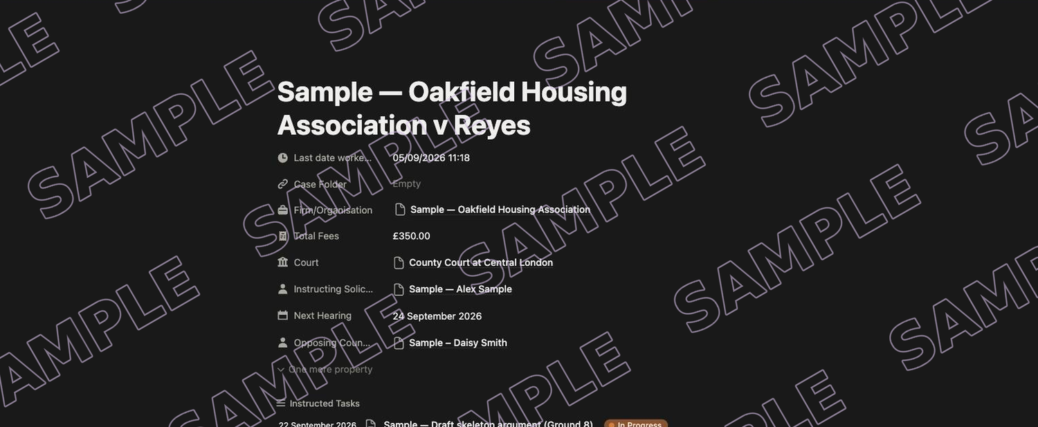 Legal OS sample: a case page with solicitor, court, next hearing and fees worked out from its tasks